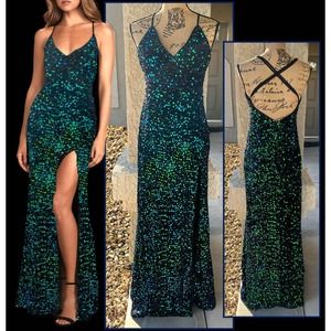 Lulus Sequin Green Blue Iridescent Black Velvet Back Lace UplMaxi Dress Size L